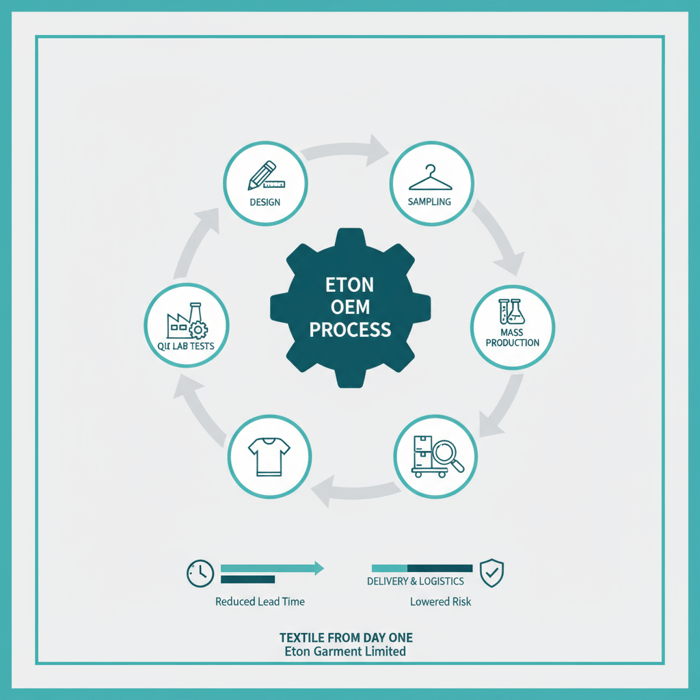 Workflow graphic of Eton OEM process: design → sampling → pilot → mass production → QC → delivery