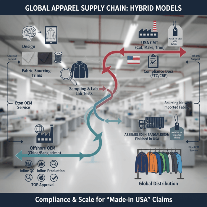 Workflow diagram showing design, fabric sourcing, sampling, QC, production, and compliance docs feeding US CMT or offshore