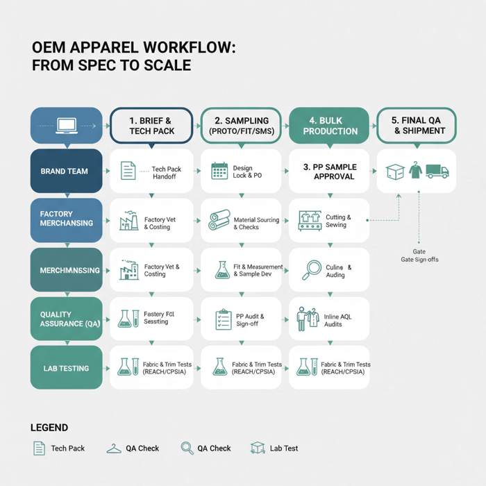 OEM service workflow showing design handoff, sampling gates, QA checks, and dual China/Bangladesh routing