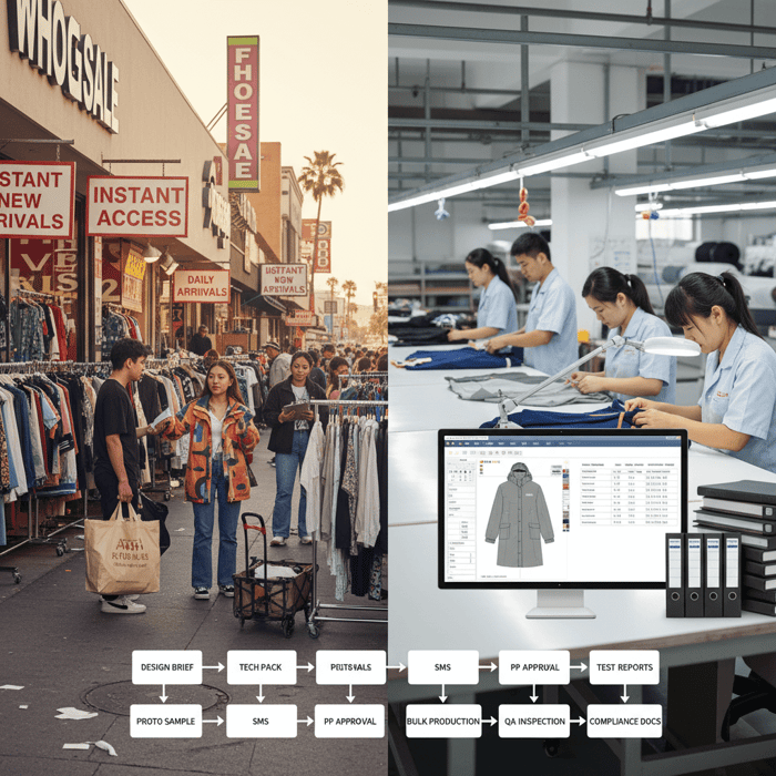 OEM workflow steps: design brief, tech pack, proto, SMS, PP, bulk, QA, compliance docs
