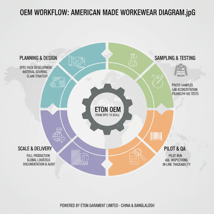 OEM workflow diagram from spec pack to tested, scalable workwear production across China and Bangladesh