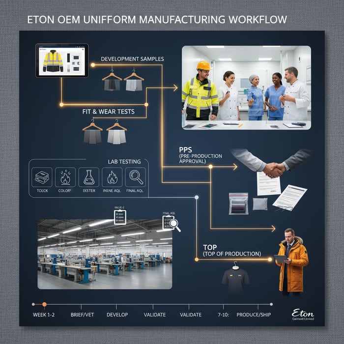 Workflow graphic showing Eton OEM checkpoints from tech pack to TOP