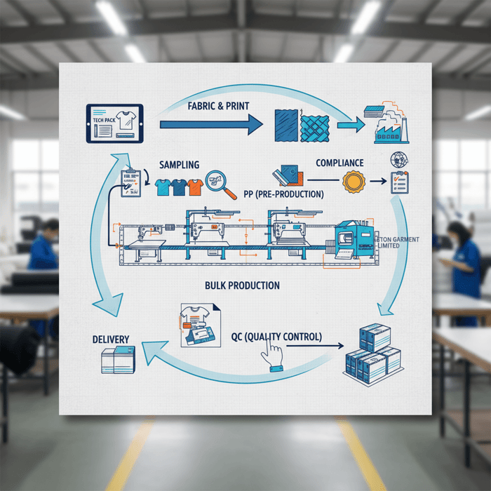 OEM workflow diagram from tech pack to bulk production and compliance for jersey tees