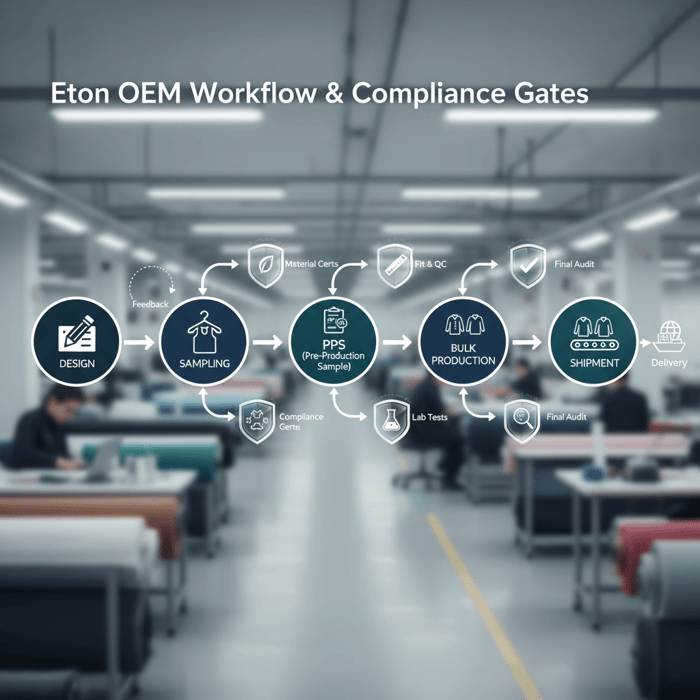 Workflow diagram of Eton OEM: design → sampling → PPS → bulk → shipment with compliance gates