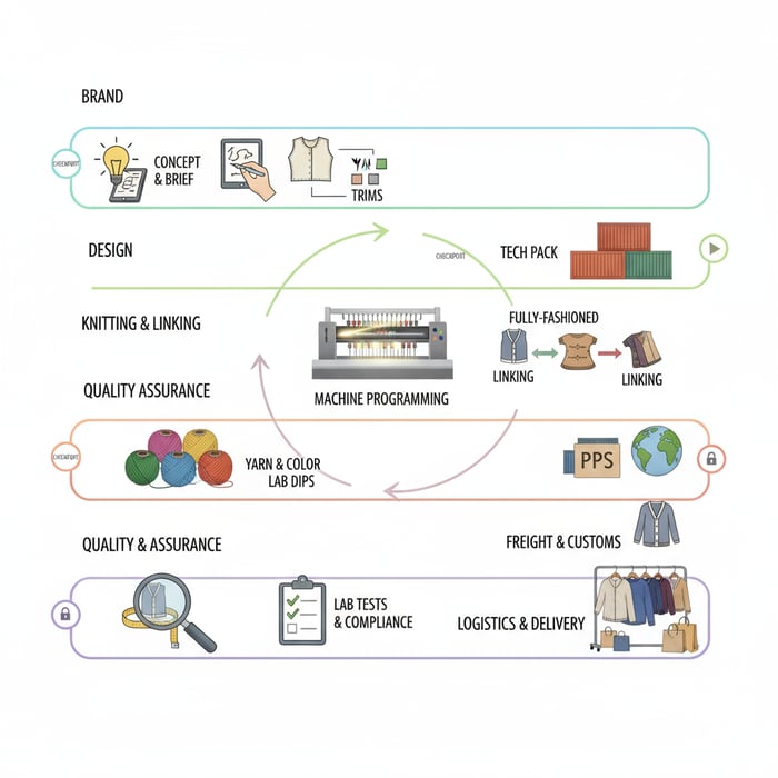 OEM workflow swim lanes showing brand, design, knitting, QA, and logistics checkpoints
