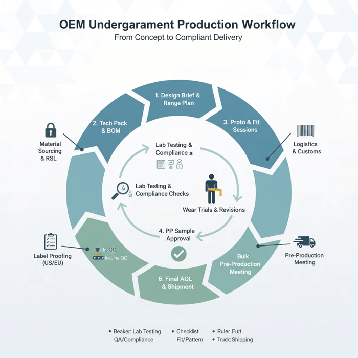 OEM workflow diagram from brief to bulk with sampling, testing, and QC gates
