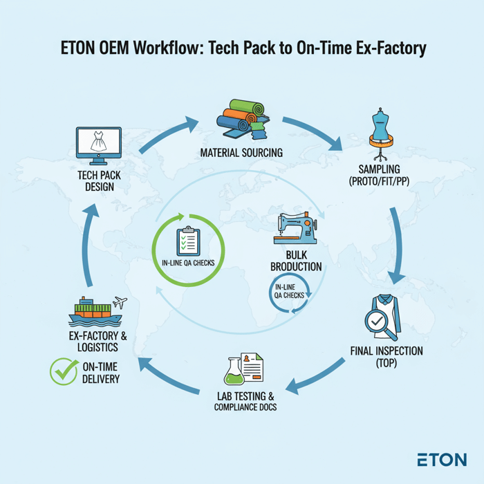 Workflow diagram from tech pack through PP, in-line QA, TOP, and ex‑factory within Eton process