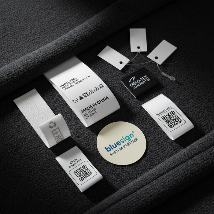 Garment labels showing fiber content, care instructions, country of origin, and compliance marks