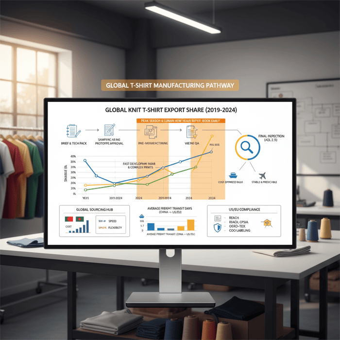 Line chart placeholder: five-year exporter share trends for knit T-shirts with annotations for seasonality and lead-time buffers