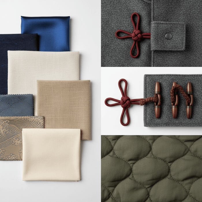 Fabric swatches of silk, ramie, hemp, cotton blends and close-ups of frog closures, toggles, and quilting