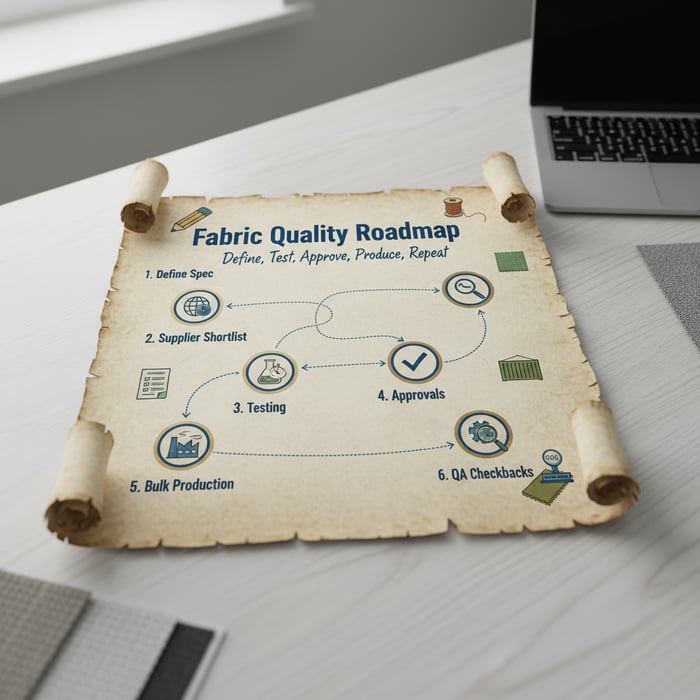 Roadmap graphic showing milestones from defining specs to supplier shortlist, testing, approvals, bulk production, and QA checkbacks