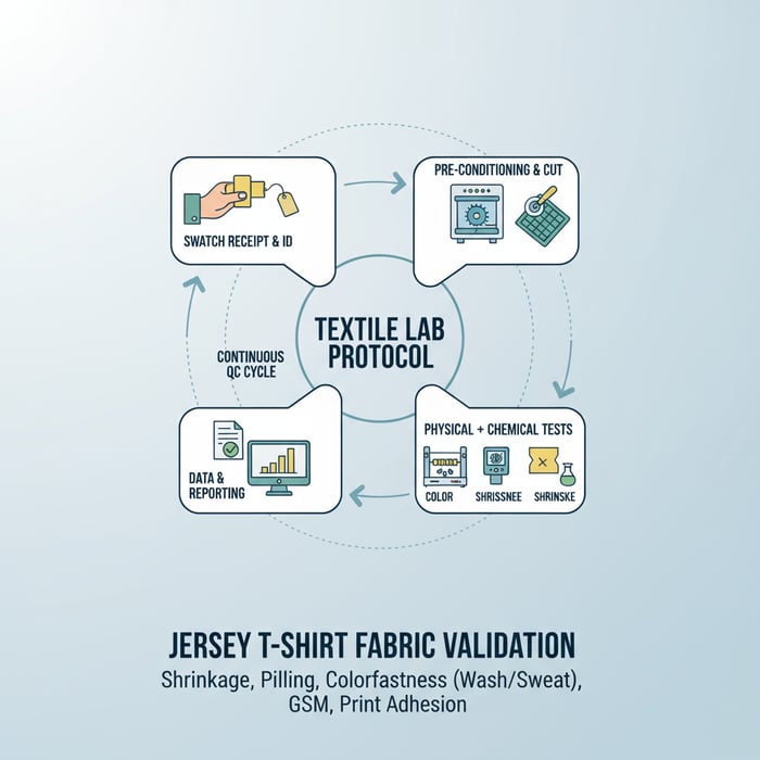 Infographic showing fabric lab test workflow from swatch to report