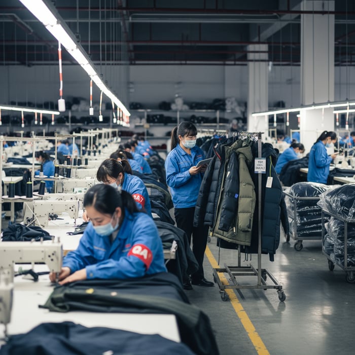 Modern sewing line with inline QA checks and sample rack on factory floor