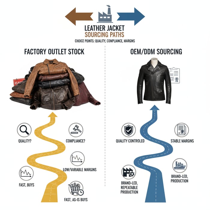 Split visual showing the forked path from factory outlet stock to OEM/ODM leather jacket sourcing, with checkpoints for quality, compliance, and margins
