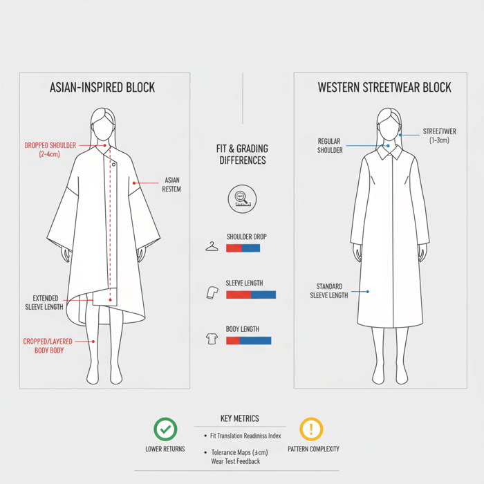 Comparison matrix visualizing shoulder drop, sleeve length, and body length across Asian-inspired vs Western streetwear blocks