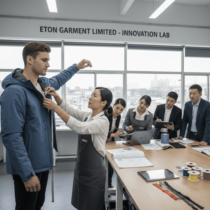 Pattern maker adjusting a jacket prototype during fit review