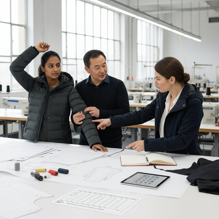 Fit sample review on a parkas, focusing on arm mobility and hem