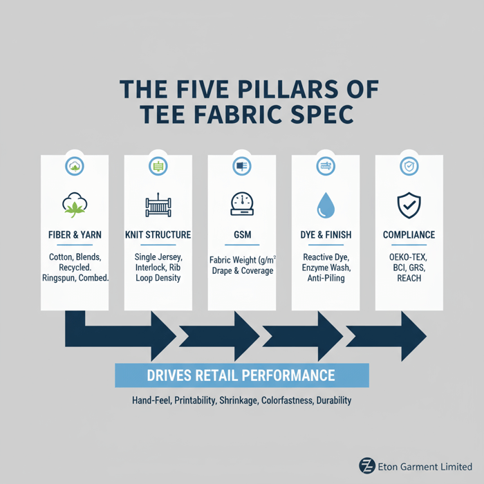 Infographic: fiber, yarn, knit, GSM, finish, compliance — the five pillars of tee fabric spec