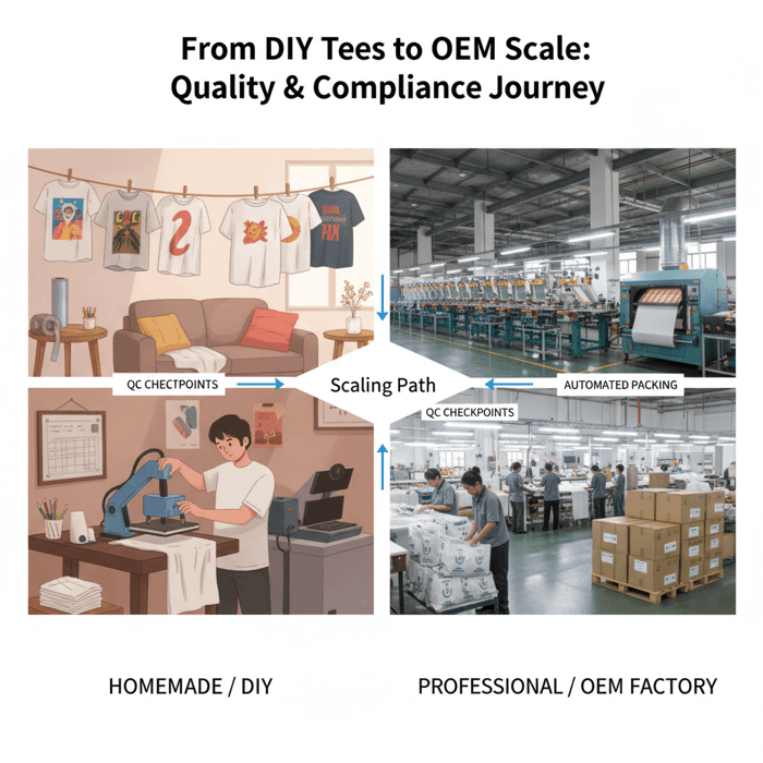 Split-screen diagram contrasting a home printing setup with an OEM factory line, including QC and packing stages