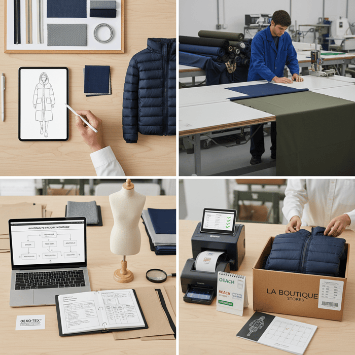 Boutique sourcing workflow stages from concept to compliant outerwear delivery