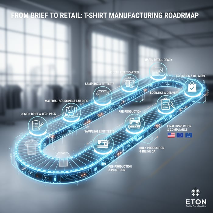 Hero visual of the T-shirt manufacturing roadmap from brief to compliant delivery for US/EU