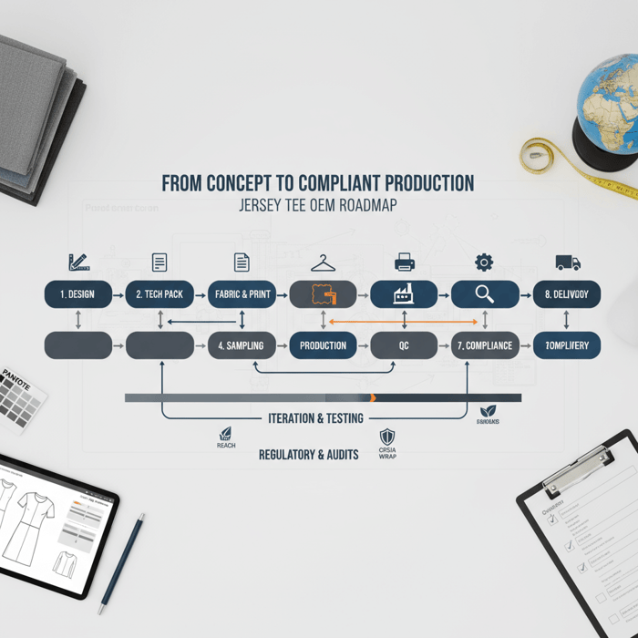 Process diagram from concept to compliant production for custom jersey tees: design, tech pack, fabric & print, sampling, production, QC, compliance, delivery