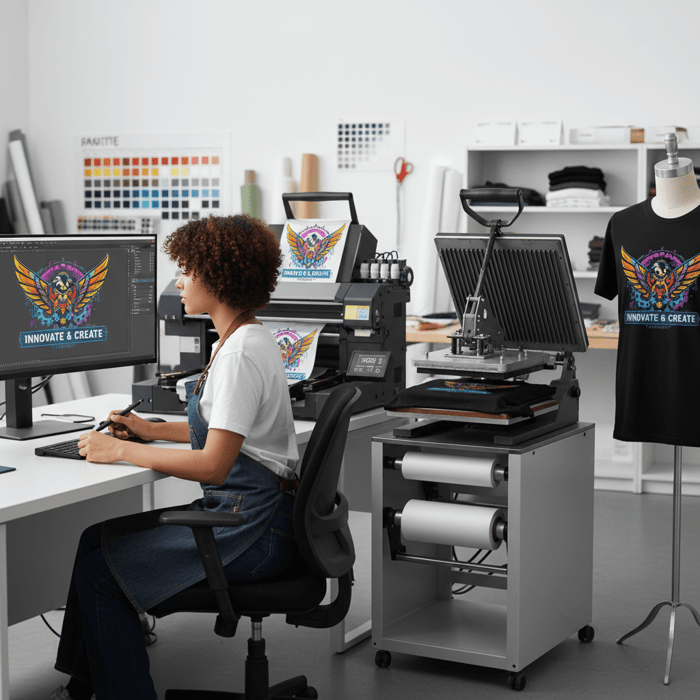 Designer building a T-shirt graphic, with cutter/DTF printer and heat press beside a finished tee