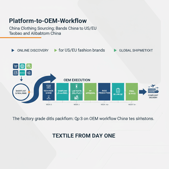 Flow diagram from platform discovery to OEM sampling, testing, bulk, and shipment