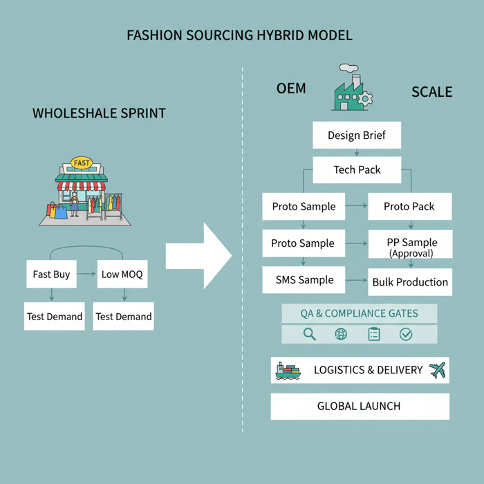 Flowchart showing wholesale testing moving to OEM development, sampling, and bulk production
