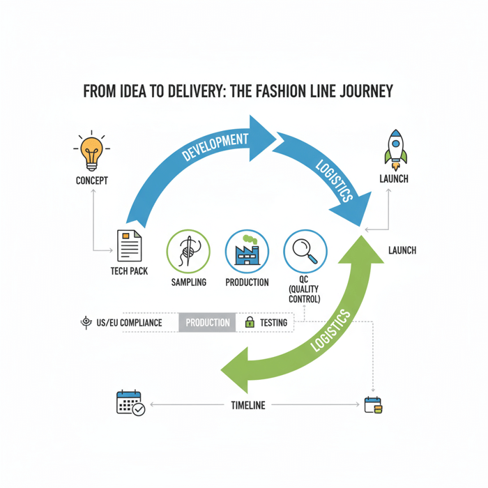 Diagram showing the path from idea and tech pack to sampling, production, QC, and launch