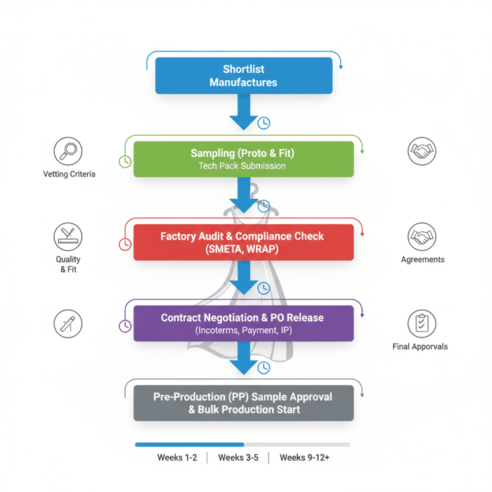 Flowchart illustrating shortlist, sampling, audit, contract, and PP approval stages