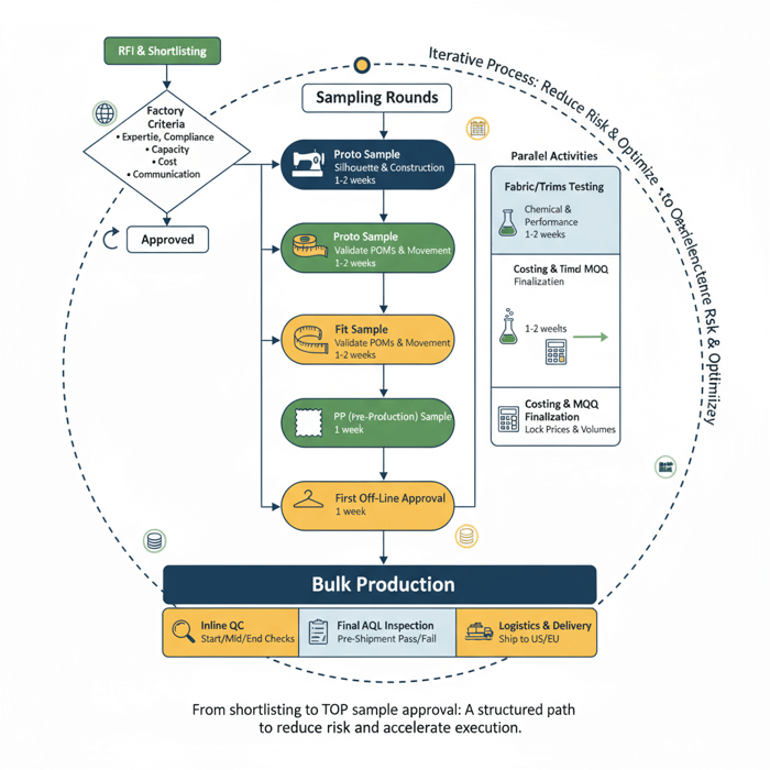 Flowchart illustrating RFI to TOP to production in apparel manufacturing
