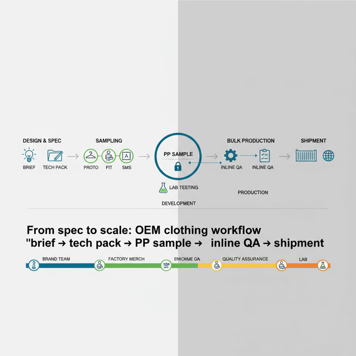 OEM clothing workflow diagram from brief and tech pack to sampling, PP, and inline QA before shipment