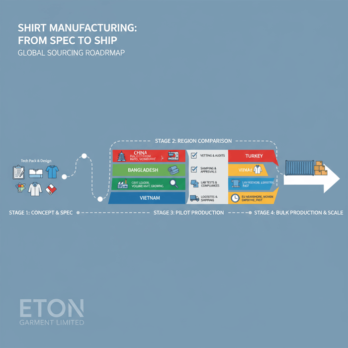 Conceptual roadmap showing stages from tech pack to bulk production for shirts, with region comparisons