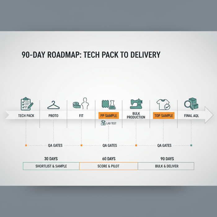 Timeline showing Tech Pack, Proto, Fit, PP, Bulk, TOP, and AQL checkpoints for t-shirt production