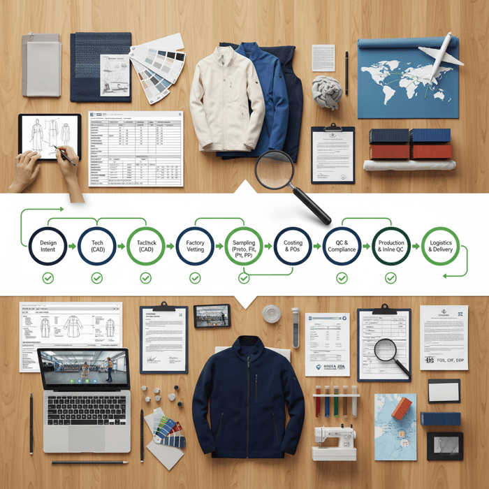 End-to-end apparel workflow from tech pack to delivery with checkpoints