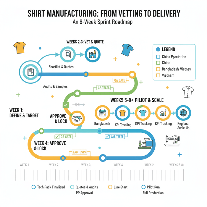 Roadmap infographic showing steps from vetting to pilot run for shirts