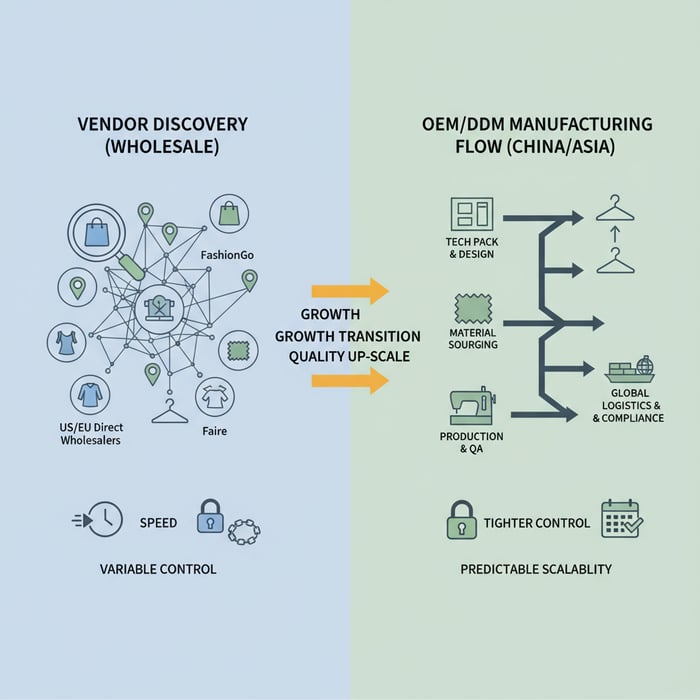Visual showing vendor discovery on the left and OEM/ODM manufacturing flow on the right