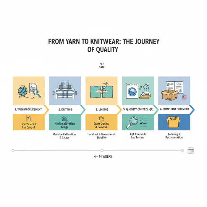 Infographic showing yarn procurement, knitting, linking, washing, finishing, QC stages for knitwear