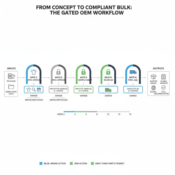 OEM sourcing workflow with gates, inputs, outputs, owners, and week estimates