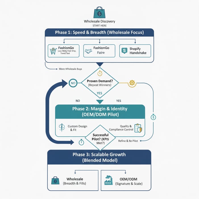 Flowchart mapping a boutique’s growth from wholesale to OEM and ODM with decision gates