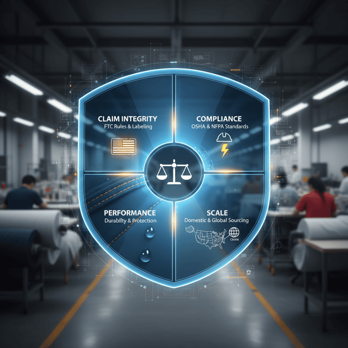 Hero visual showing claim integrity, compliance, performance, and scale as a balanced framework for american made workwear