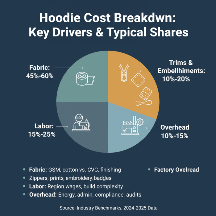 Infographic showing hoodie cost breakdown across fabric, trims, labor, overhead components