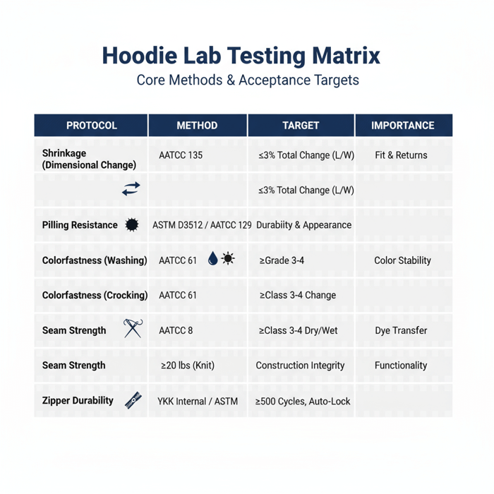 Matrix of hoodie QA test protocols and acceptance criteria including shrinkage, pilling, colorfastness, and seam strength
