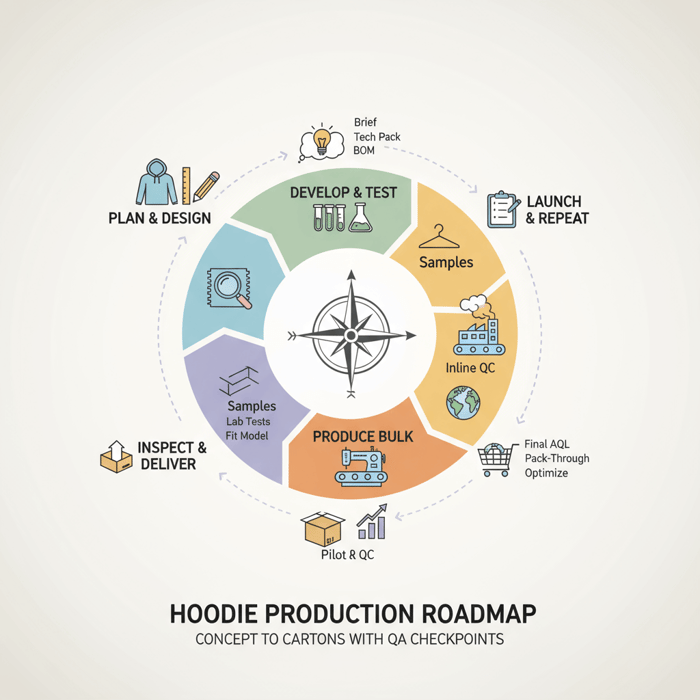 Roadmap graphic from plan and design to test, produce, and deliver for hoodie programs