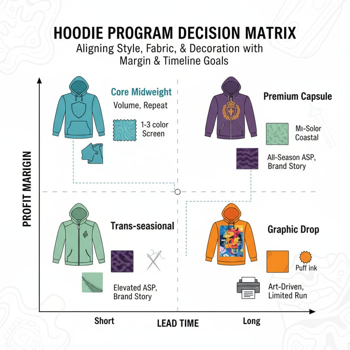 Decision matrix illustration mapping hoodie silhouettes, fabrics, and decorations to margin and lead-time scores