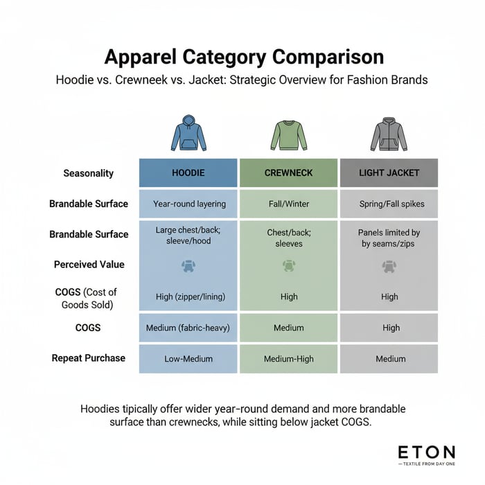 Matrix comparing hoodies, crewnecks, and jackets on seasonality, brandability, COGS, and repeat purchase potential