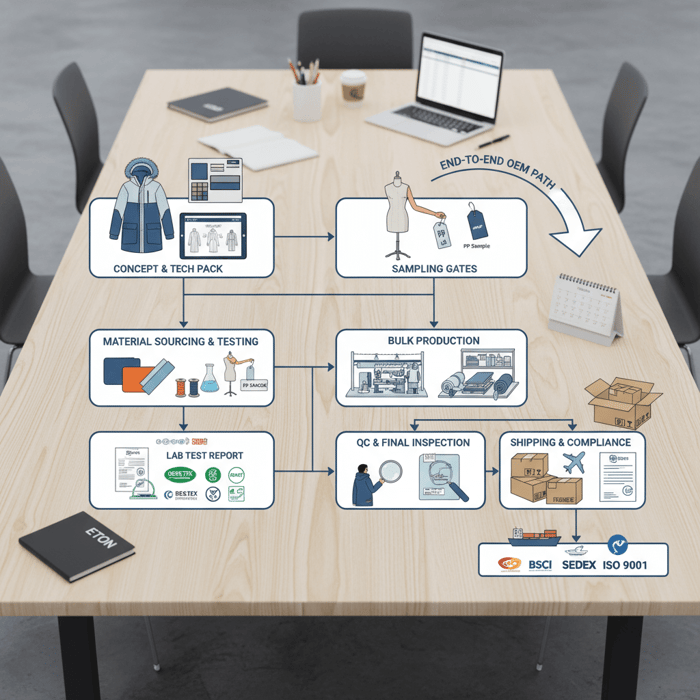 OEM workflow overview showing tech pack support, sampling gates, sourcing, QC, and compliance steps