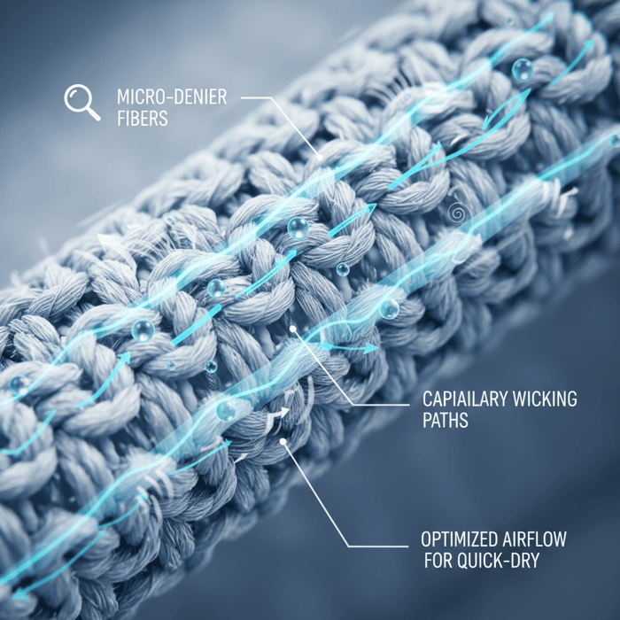 Annotated micro-denier knit illustrating capillary paths and airflow through fine-gauge stitches