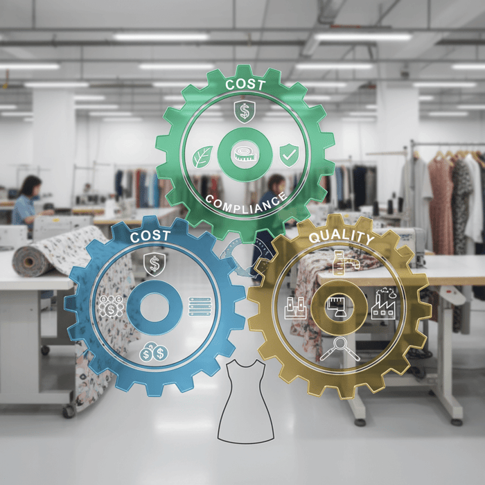 Hero visual showing cost, compliance, and quality intersecting in dress manufacturing decisions